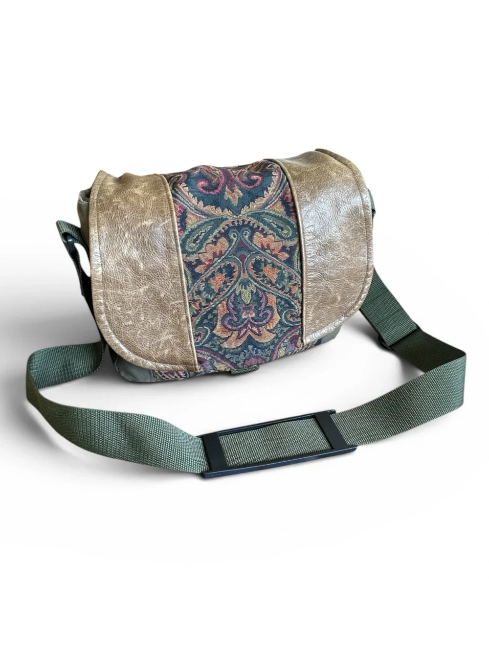 Porteen Gear Camera Bag Olive Leather Tapestry Adjustable Strap Crossbody